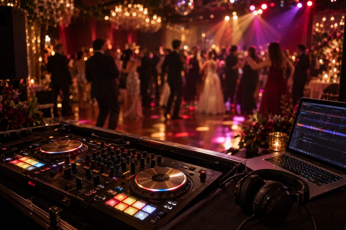 DJ pult sa mikserom i slušalicama na ivici podijuma za igru na svadbi