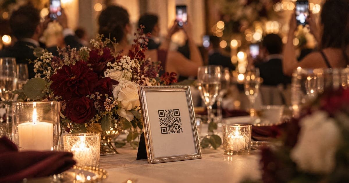 Kartica sa QR kodom u srebrnom ramu na svadbenom stolu dok gosti u pozadini fotografišu telefonima