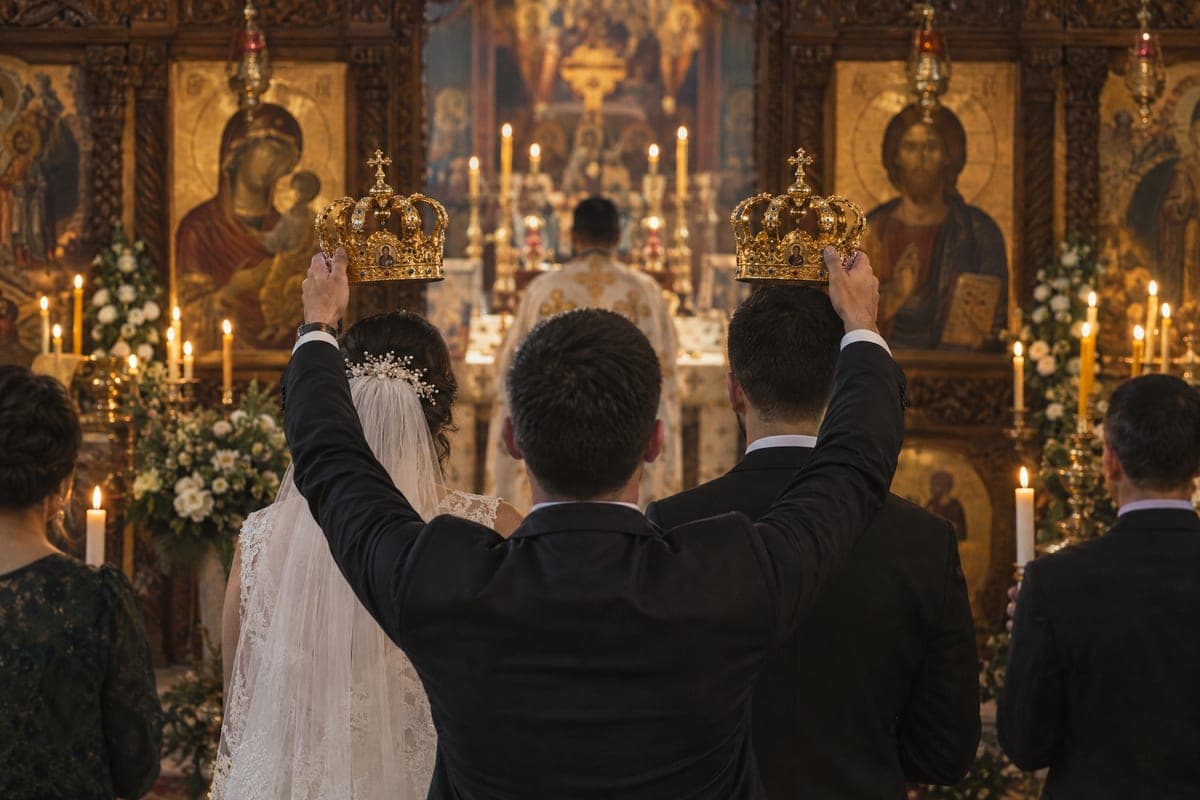 Kum stoji uz mladence ispred oltara tokom pravoslavnog venčanja u crkvi