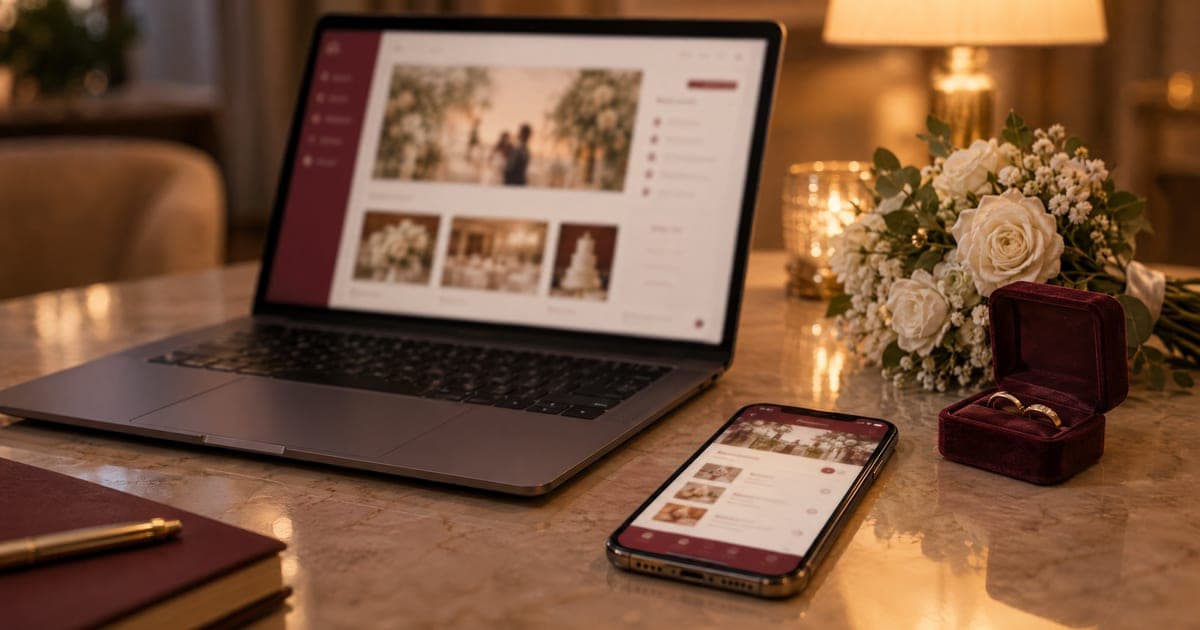 Laptop i telefon sa aplikacijom za planiranje venčanja pored burmi i buketa belog cveća