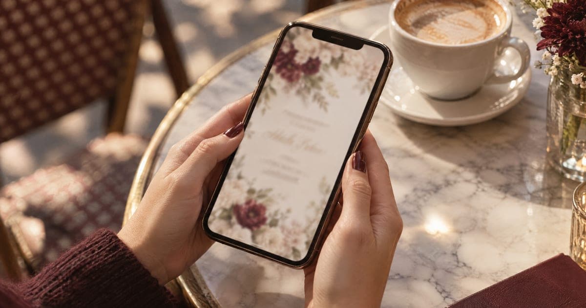 Ruke drže telefon sa online pozivnicom za venčanje na stolu u kafiću, potvrda dolaska na svadbu